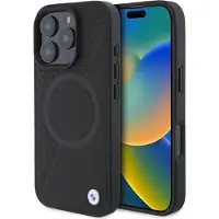 BMW Sign Leather Half Textured And Circle MagSafe-etui i lær for iPhone 16 Pro Max - svart
