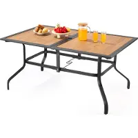 Vevor utendørs spisebord til terrasse, 150 cm langt rektangulært trelignende stållamellbord til bakgården for 4-6 personer, med 38 mm paraplyhull, store møbler til allvær for plen/veranda, brunt