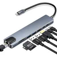 INF USB-C-hub med 8 uttak for USB, UBC PD, HDMI, RJ45, micro-SD Grey