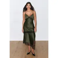 Gina Tricot  - Satin lace midi dress - satengkjoler - Grønn - 36 - Dame