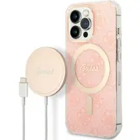 GUESS -sett GUBPP13LH4EACSP deksel + lader til iPhone 13 Pro rosa hardt MagSafe 4G print