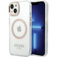 GUESS MagSafe-etui med metallkonturer for iPhone 15 Plus / 14 Plus - gull