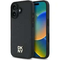 DKNY MagSafe iPhone 16-etui med stablelogo i gjentatt mønster - svart