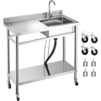 Vevor kjøkkenvask i rustfritt stål, rullende kjøkkenvask med hjul, kran og varmt- og kaldtvannsrør, arbeidsbenk for garasje, restaurant, vaskerom, 1000 x 500 x 1055 mm