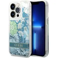 GUESS Flower Liquid Glitter-etui for iPhone 14 Pro Max - grønn