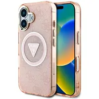 GUESS IML Metall Glitter 4G Circle Triangle MagSafe-etui for iPhone 16 - rosa