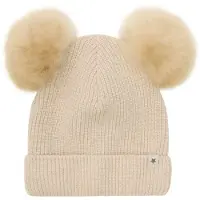 Huttelihut Strikket Ull Lue Med Pompoms Sand Melange