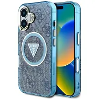GUESS IML metallglitter 4G Circle Triangle MagSafe-etui for iPhone 16 - Blå