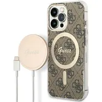 GUESS lader veske + trådløs lader GUBPP13LH4EACSW Apple iPhone 13 Pro brun/brun hard veske 4G Print MagSafe