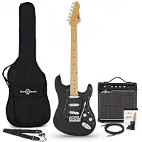 Gear4Music LA Select Elektrisk Gitar Svart 15W Gitarforsterker & Tilbehørspakke