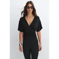 Gina Tricot - Shaped v-neck top - topper med knyting - Svart - M - Dame