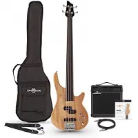 Gear4Music Chicago Fretless Bassgitar + 15W Forsterkerpakke fra Natural