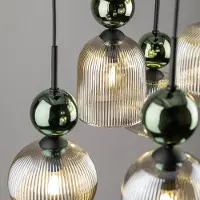 TK Lighting Hengelampe Sophia, 6 lyskilder, konjakk/grønn, 65 cm lang, E14