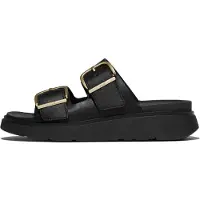 FitFlop for woman. B1J-001 Gen-FF Buckle Two-Bar Leather Slides, black (6.5), Flat, Casual
