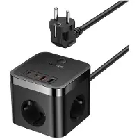 Baseus PowerCombo Cube – Ladestasjon med 2x USB-C, 2x USB-A, 3 Schuko og 30W Hurtiglading