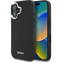 DKNY MagSafe iPhone 16-etui med sølvfarget logo - svart