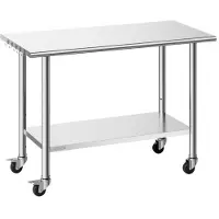 Vevor arbeidsbord i rustfritt stål, 61x122 cm matlagingsbord med hjul, arbeidsstasjon for storkjøkken med justerbar underhylle, arbeidsbord i metall, for utendørs restauranter