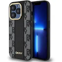DKNY MagSafe-etui i skinn med rutete ensfarget mønster for iPhone 15 Pro - svart