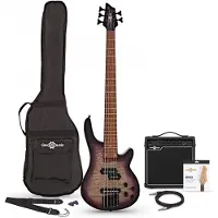 Gear4Music Chicago Select 5-String Bass Guitar + Amp Pack Purple Burst