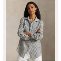 Ralph Lauren for woman. 211A96158005 White, black Striped Linen Classic Fit Shirt (L), Casual, Long sleeve