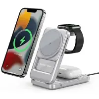 Mtp Products S29 3-i-1 magnetisk MagSafe trådløs lader med omgivelsesbelysning – sølv