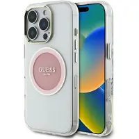 GUESS IML metallfarget sirkel Classic Logo MagSafe iPhone 16 Pro-etui - rosa