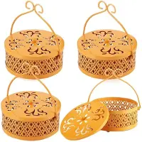 Typecat 4 Pieces Mosquito Coil Holder Incense Coil Holder Round Retro Portable Metal Hanging Incense Burner with Handle Yellow