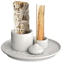 Tlily Candle Holder-4 in 1 Incense & Candle Holder - Ceramic Incense Holder Ash Catcher Tray for Meditations Room White