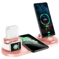 Dsport 6 i 1 trådløs lader Mobiltelefon Trådløs ladebrakett Øretelefon Hurtiglading - Rosa