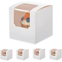 Melitt 100Pcs White Cupcake Box Individual with Insert, Small Single Favor Pastry Treat Boxes with Clear Window