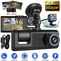 Typecat Dashkamera med 3 kameraer, 1080P, 2-tommers skjerm, svart, driveropptaker for