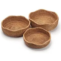 Melitt Rattan Bread Baskets Round Woven Fruit Bowls Key Holders Stackable for Storage, Snack, Fruit, Vegetable Natural Set of 3