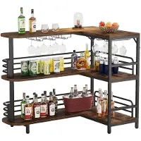 24.Se L-formet barbord med vinglassholder i metall/tre / barbord i industriell stil / hjørnebord med flaskehyller
