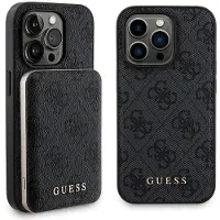 GUESS 4G metall logo etui sett for iPhone 14 Pro Max + 5000mAh MagSafe Powerbank - Svart