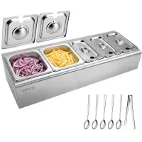 Vevor Benkeplate for matservering, rustfritt stål salatbrett, buffetdispenser for krydder, iskjølt rist med separat lokk, for restauranthotellkjøkken (2x1/6+3x1/9 panne)