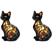 Melitt 2X New Stained Glass Cat Lamp Cats Stained Resin 3D Cute Tabletop Retro High Quality Pet Led Table Light Home Bedroom