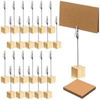 Tlily 24 Pcs Rustic Wooden Table Number Holders Place Number Holder Stand With Memo Clips and Cards Wood Picture Stands
