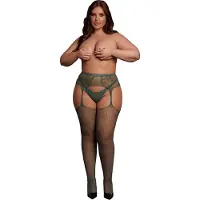 Le Désir Fishnet and Lace Garterbelt Stockings - Plus Size - Grønn