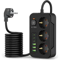 Tech-Protect Power Strip med 3x 240V strømuttak + 3xUSB-A + 3xUSB-C - Svart