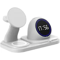 Mtp Products 6-i-1 trådløs lader på 15W med digital klokke for iPhone, Apple Watch og AirPods - hvit