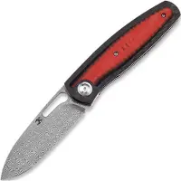 Kansept Knives Mato Damascus foldekniv, Twill CF/Red and Black G-10