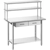 Vevor arbeidsbord i rustfritt stål, 61x122 cm matlagingsbord med overhyller og 2 skuffer, arbeidsstasjon for storkjøkken med justerbar underhylle, arbeidsbord i metall, restaurantgarasje