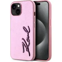 Karl Lagerfeld Wrinled Metal Signature iPhone 15-etui - rosa