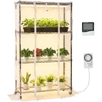 Vevor innendørs drivhus med vekstlys, 150 cm høyt 4-etasjes plantestativ med klart deksel, timer og hygrometer, 180 W fullspektret vekstlys, metallbelyst plantehylle for inneplanter