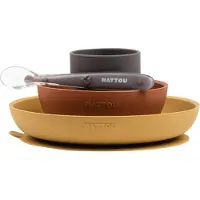 Nattou silikon baby måltidsett uten BPA, 4 deler, brun flekk/fat, skål, kopp og skje, sugekopper, fra 4 måneder til 3 år