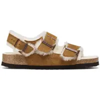 Birkenstock for woman. 1025515 Brown Suede Shearling Milano Sandals (Narrow Fit) (40), Flat, Buckle, Casual