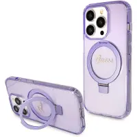 GUESS Ring Stand Script Glitter MagSafe-etui for iPhone 15 Pro - lilla
