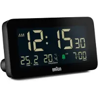 Braun vekkerklokke med temperatur og dato