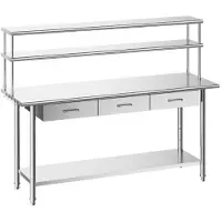 Vevor arbeidsbord i rustfritt stål, 61x183 cm matlagingsbord med overhyller og 3 skuffer, arbeidsstasjon for storkjøkken med justerbar underhylle, arbeidsbord i metall, restaurantgarasje