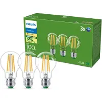 Philips LED-lyspære Ultra Efficient A60 7.3W/827 (100W) Clear 3-pack E27
